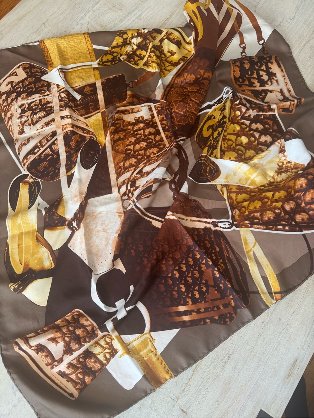 Dior Silk-Feel Brown & Gold Patterned Women’s Scarf - Picture 2 of 2